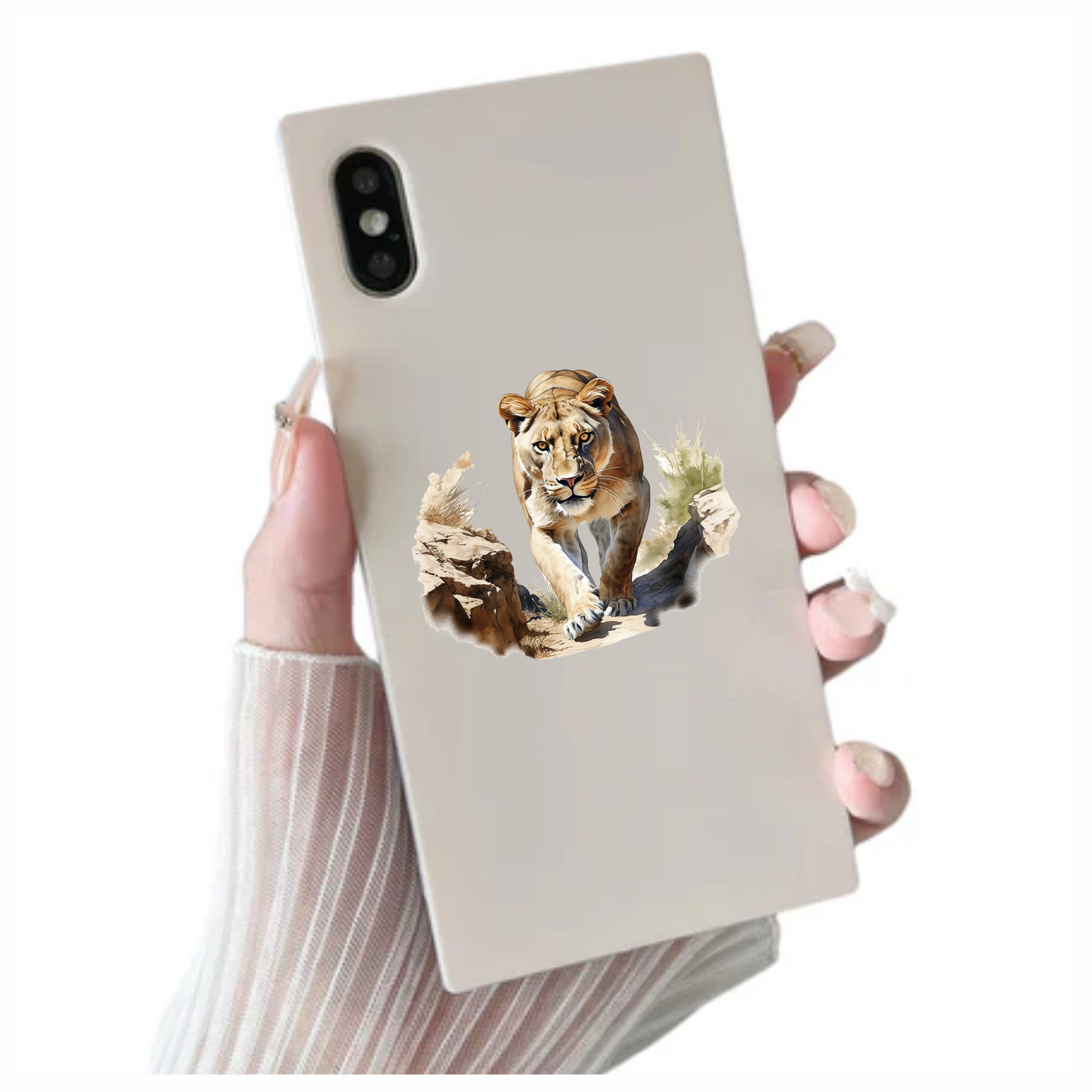 Brown Lioness Walking Between Desert Rocks Vinyl Sticker Decal