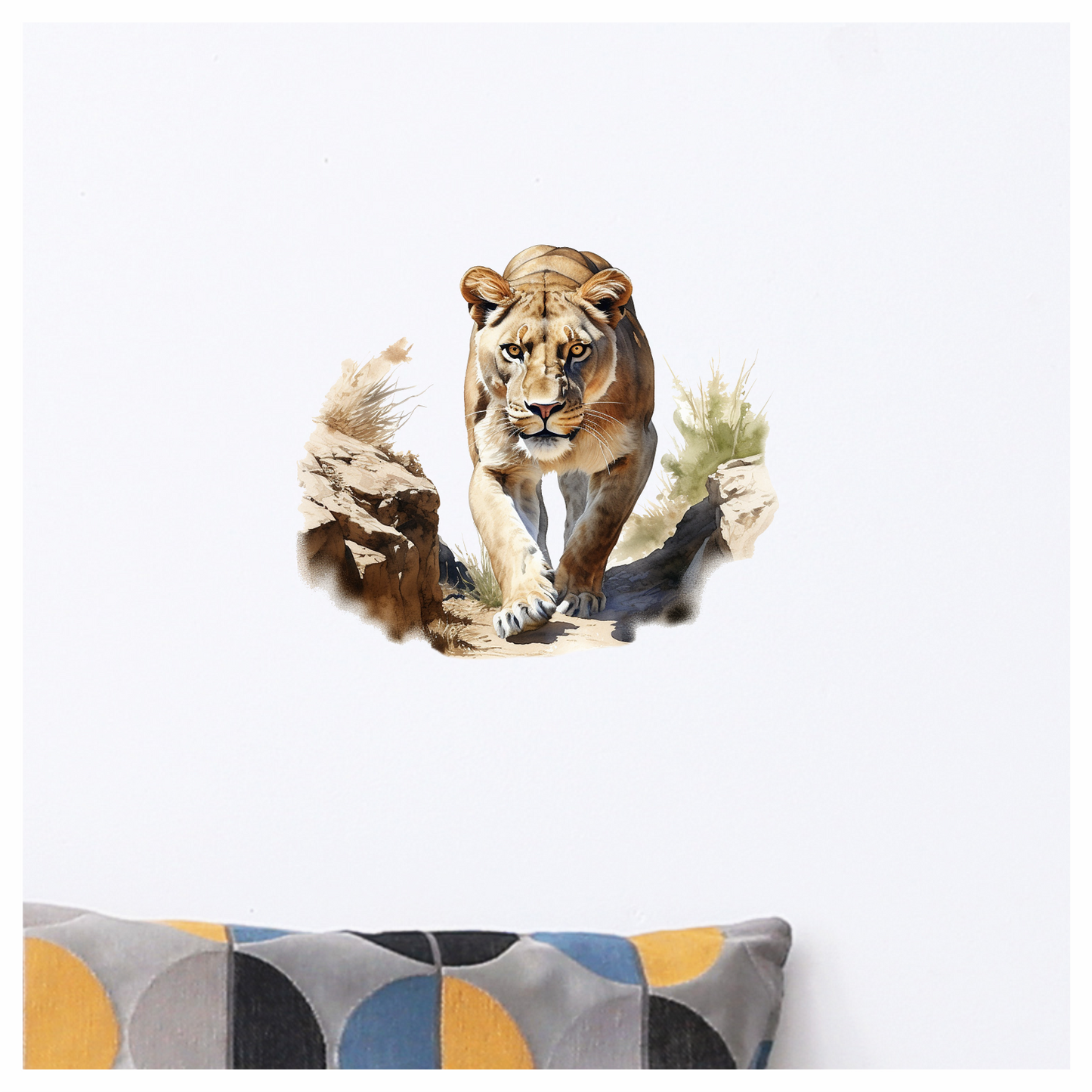 Brown Lioness Walking Between Desert Rocks Vinyl Sticker Decal