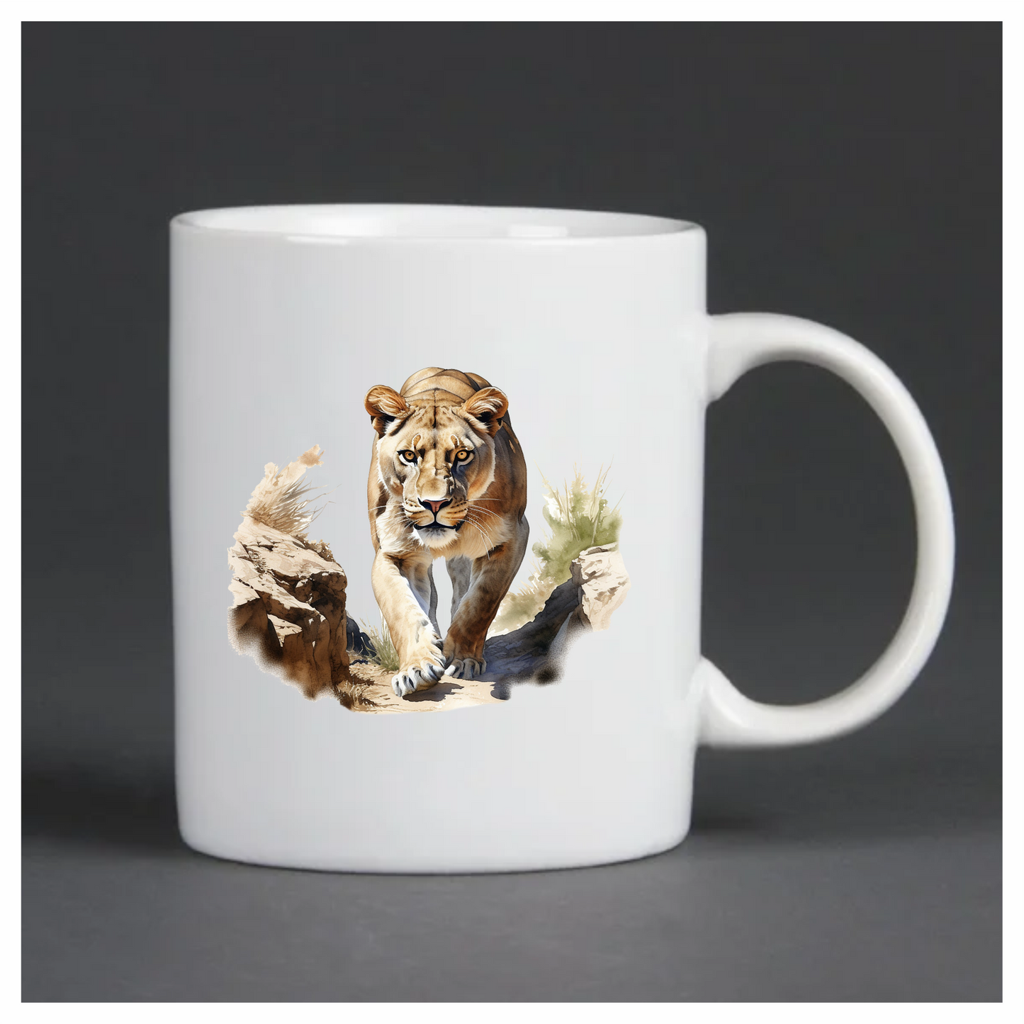 Brown Lioness Walking Between Desert Rocks Vinyl Sticker Decal
