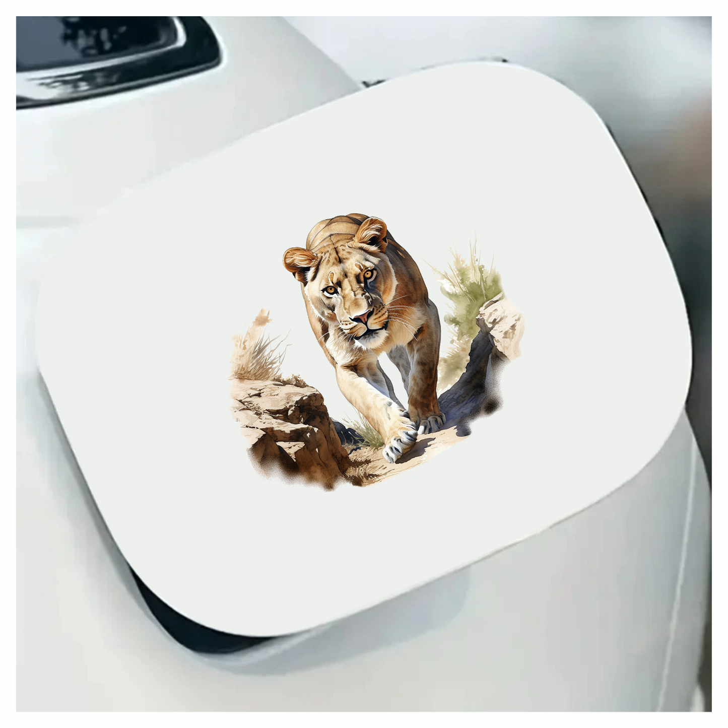 Brown Lioness Walking Between Desert Rocks Vinyl Sticker Decal