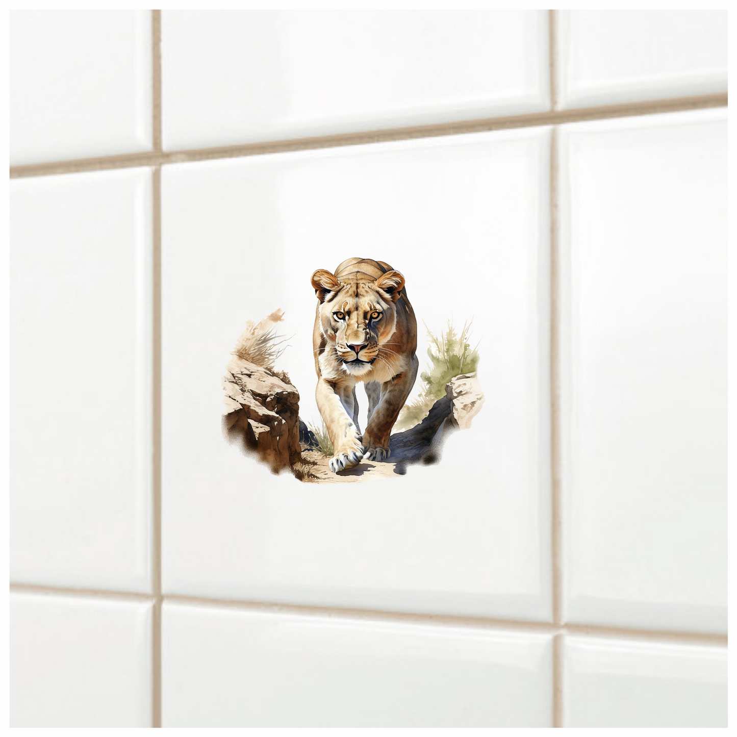 Brown Lioness Walking Between Desert Rocks Vinyl Sticker Decal
