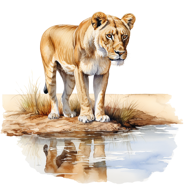 Brown Lioness Standing Beside Water Reflection Vinyl Sticker Decal