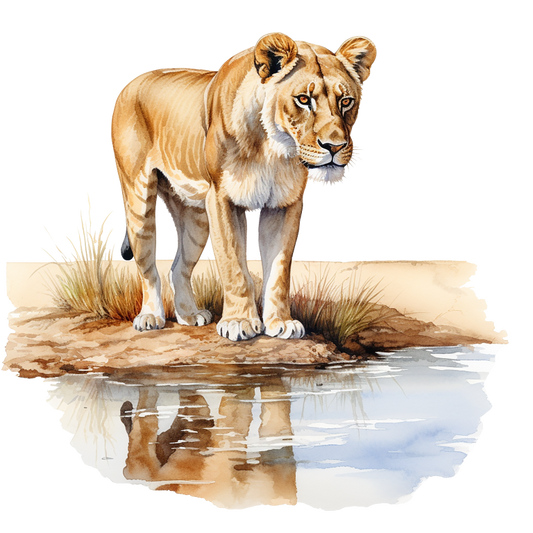 Brown Lioness Standing Beside Water Reflection Vinyl Sticker Decal
