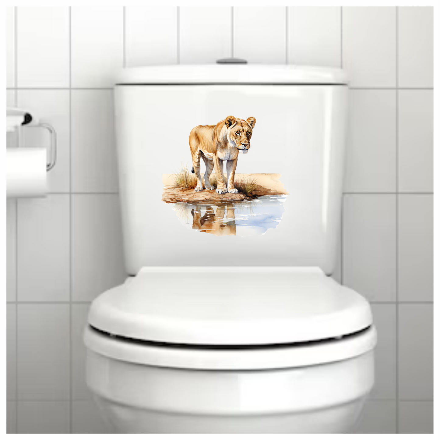 Brown Lioness Standing Beside Water Reflection Vinyl Sticker Decal