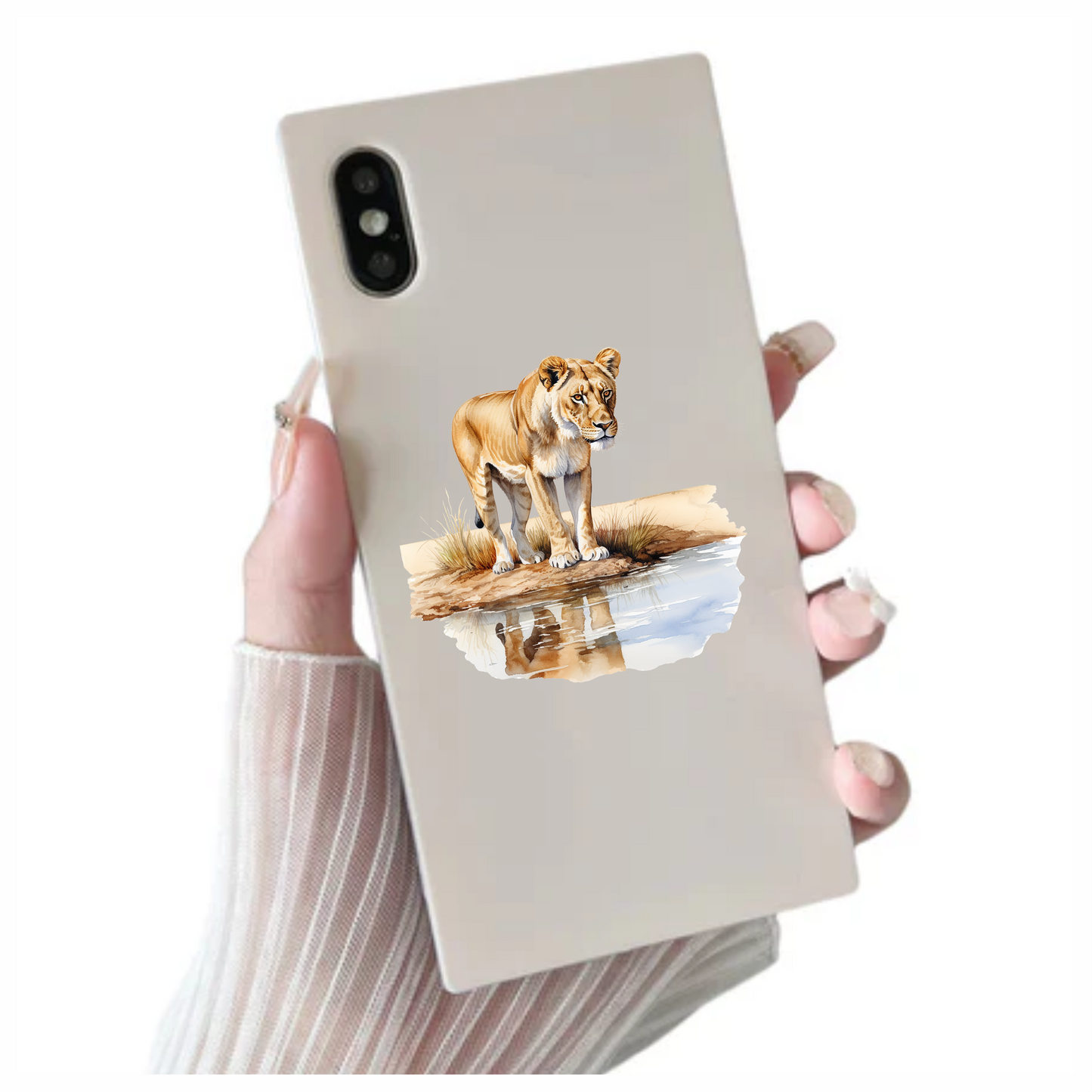 Brown Lioness Standing Beside Water Reflection Vinyl Sticker Decal