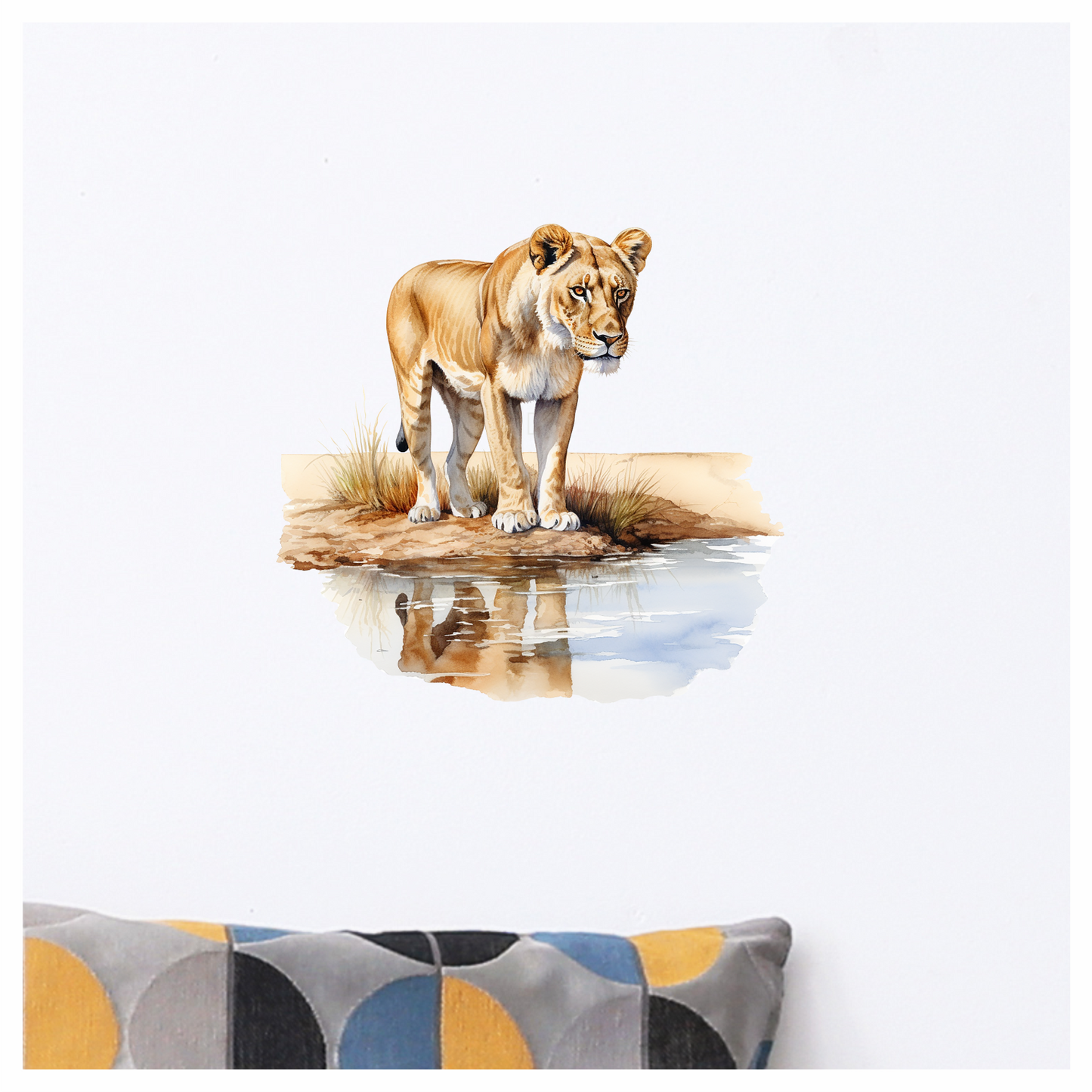 Brown Lioness Standing Beside Water Reflection Vinyl Sticker Decal