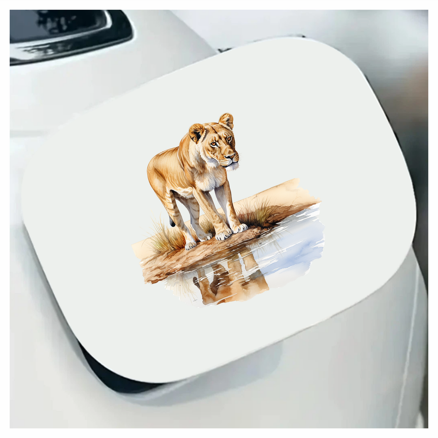 Brown Lioness Standing Beside Water Reflection Vinyl Sticker Decal