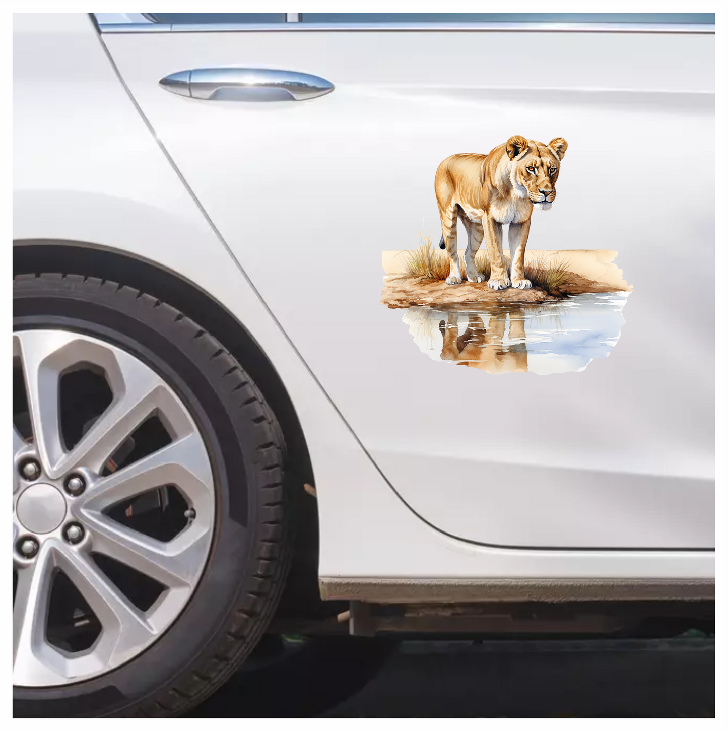 Brown Lioness Standing Beside Water Reflection Vinyl Sticker Decal