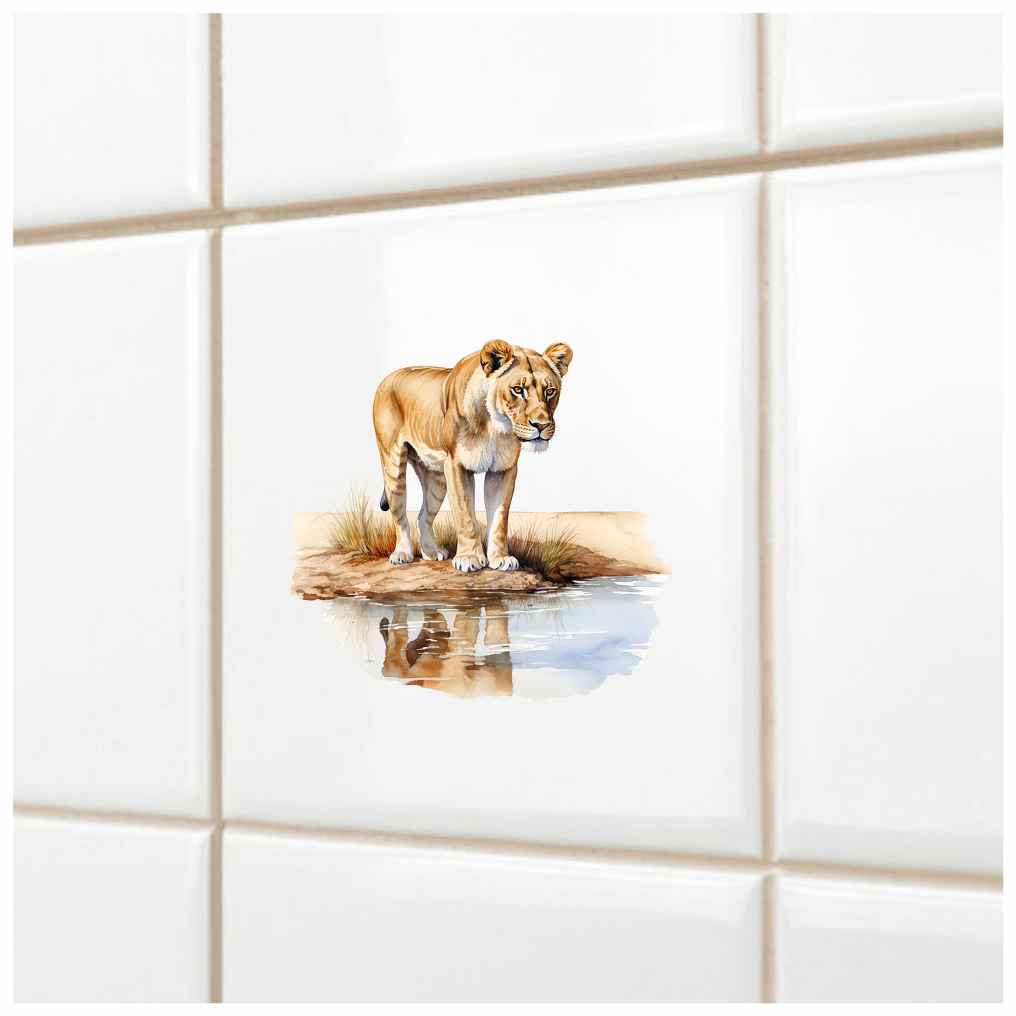 Brown Lioness Standing Beside Water Reflection Vinyl Sticker Decal