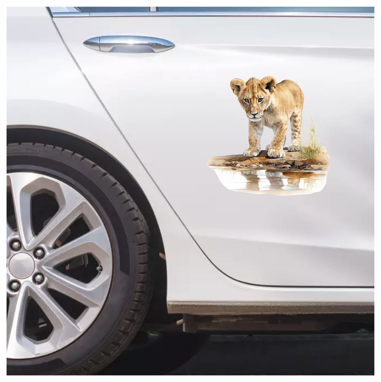 Brown Lion Cub Standing Near Water Vinyl Sticker Decal