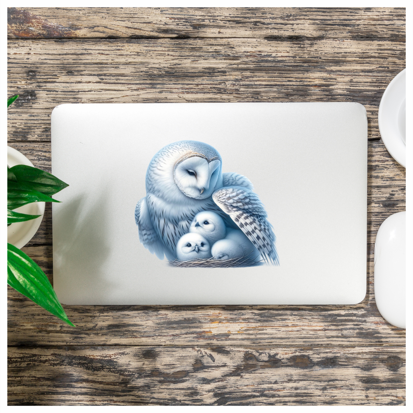 White Owl Nest With Three Chicks Vinyl Sticker Decal