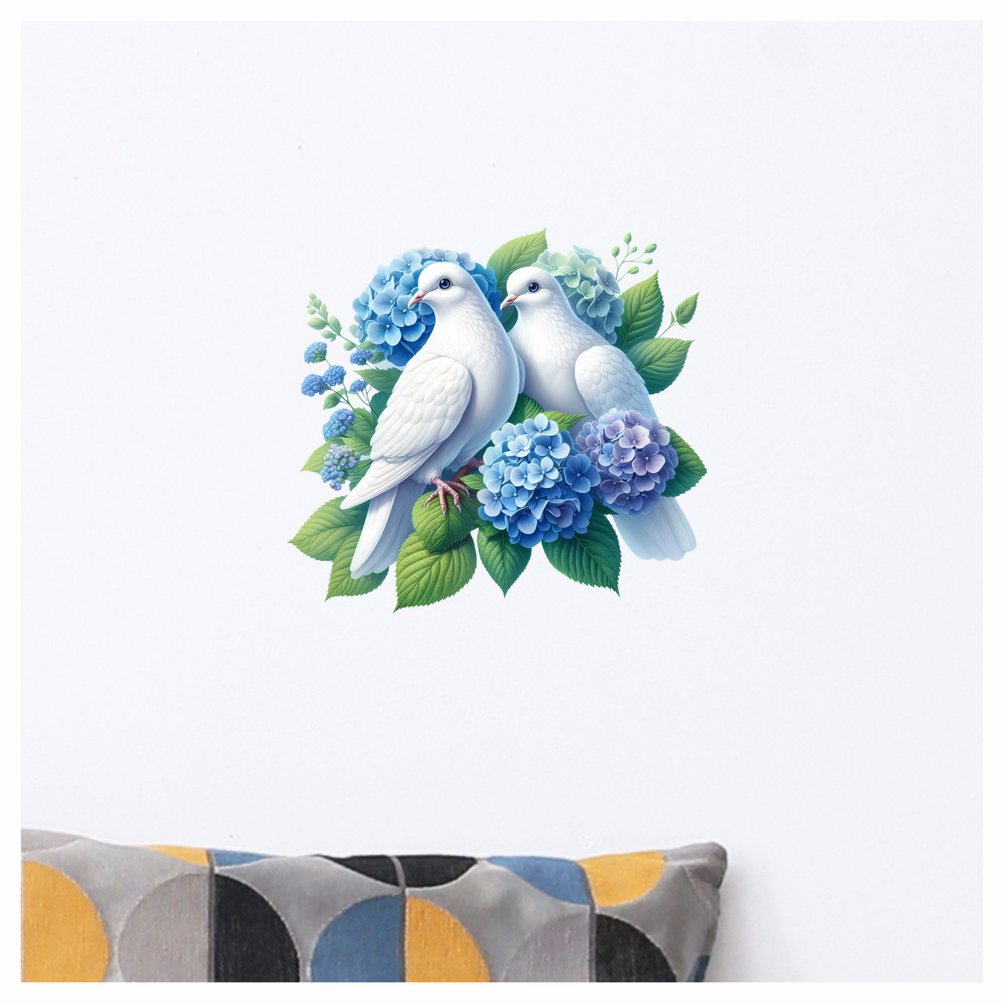 White Doves Birds With Blue Flowers Vinyl Sticker Decal
