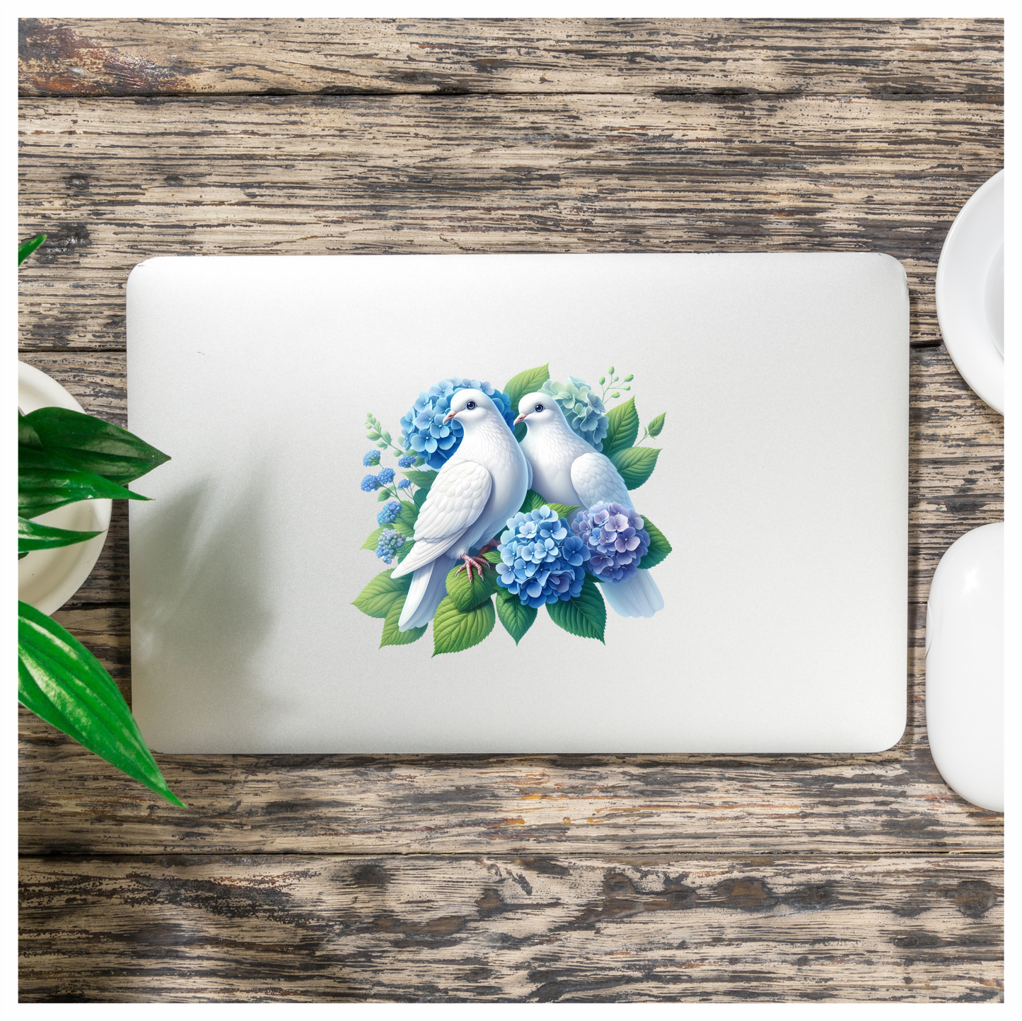 White Doves Birds With Blue Flowers Vinyl Sticker Decal