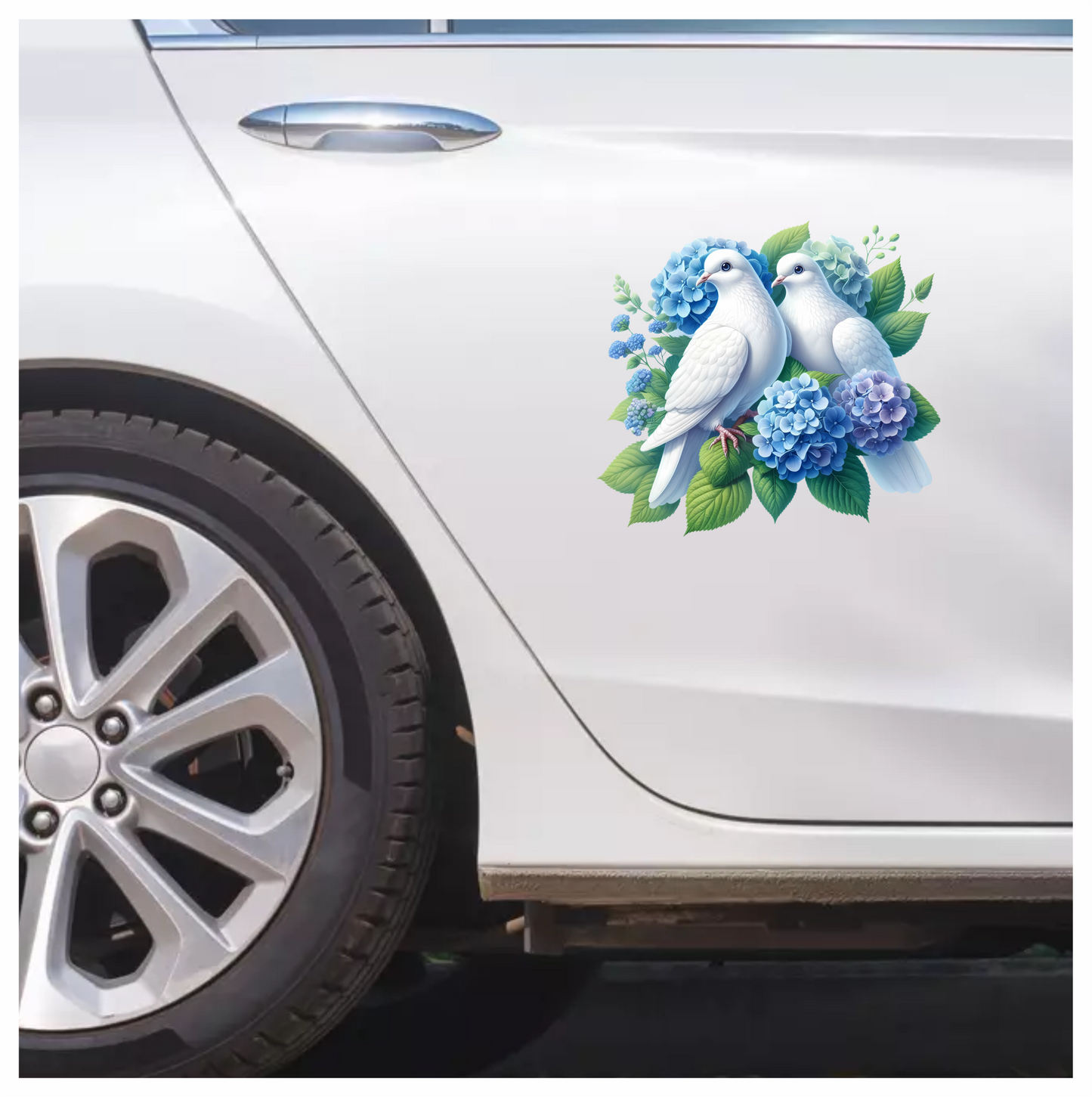 White Doves Birds With Blue Flowers Vinyl Sticker Decal