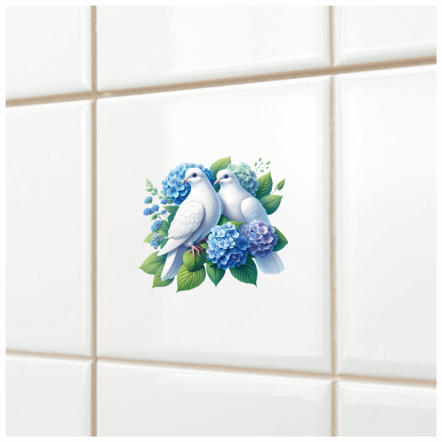 White Doves Birds With Blue Flowers Vinyl Sticker Decal