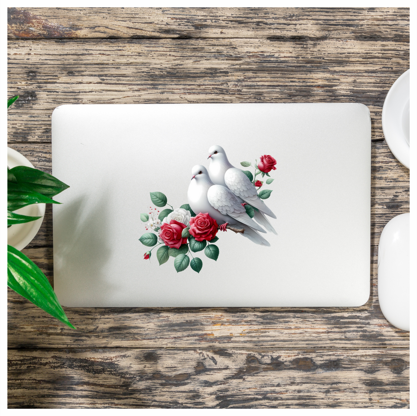 White Doves Birds With Red Roses Vinyl Sticker Decal