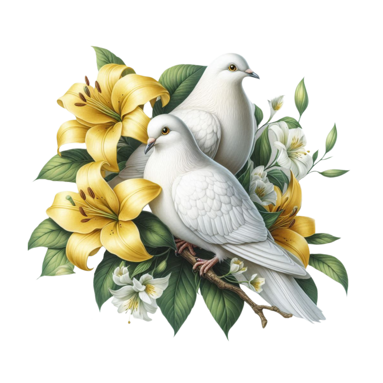White Doves Yellow Lilies Green Leaves Vinyl Sticker Decal