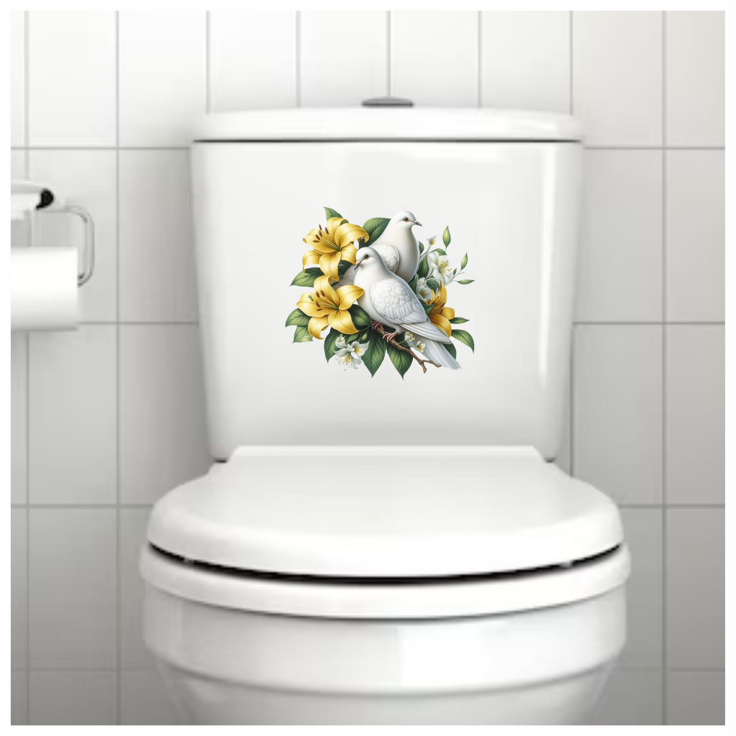 White Doves Yellow Lilies Green Leaves Vinyl Sticker Decal