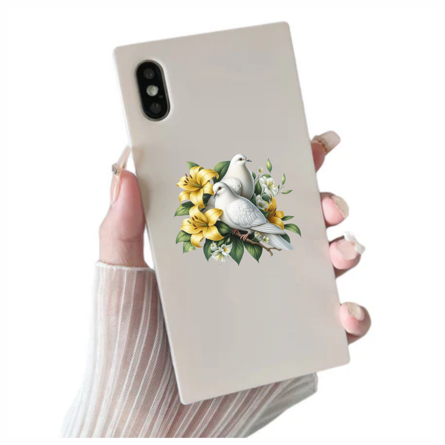 White Doves Yellow Lilies Green Leaves Vinyl Sticker Decal