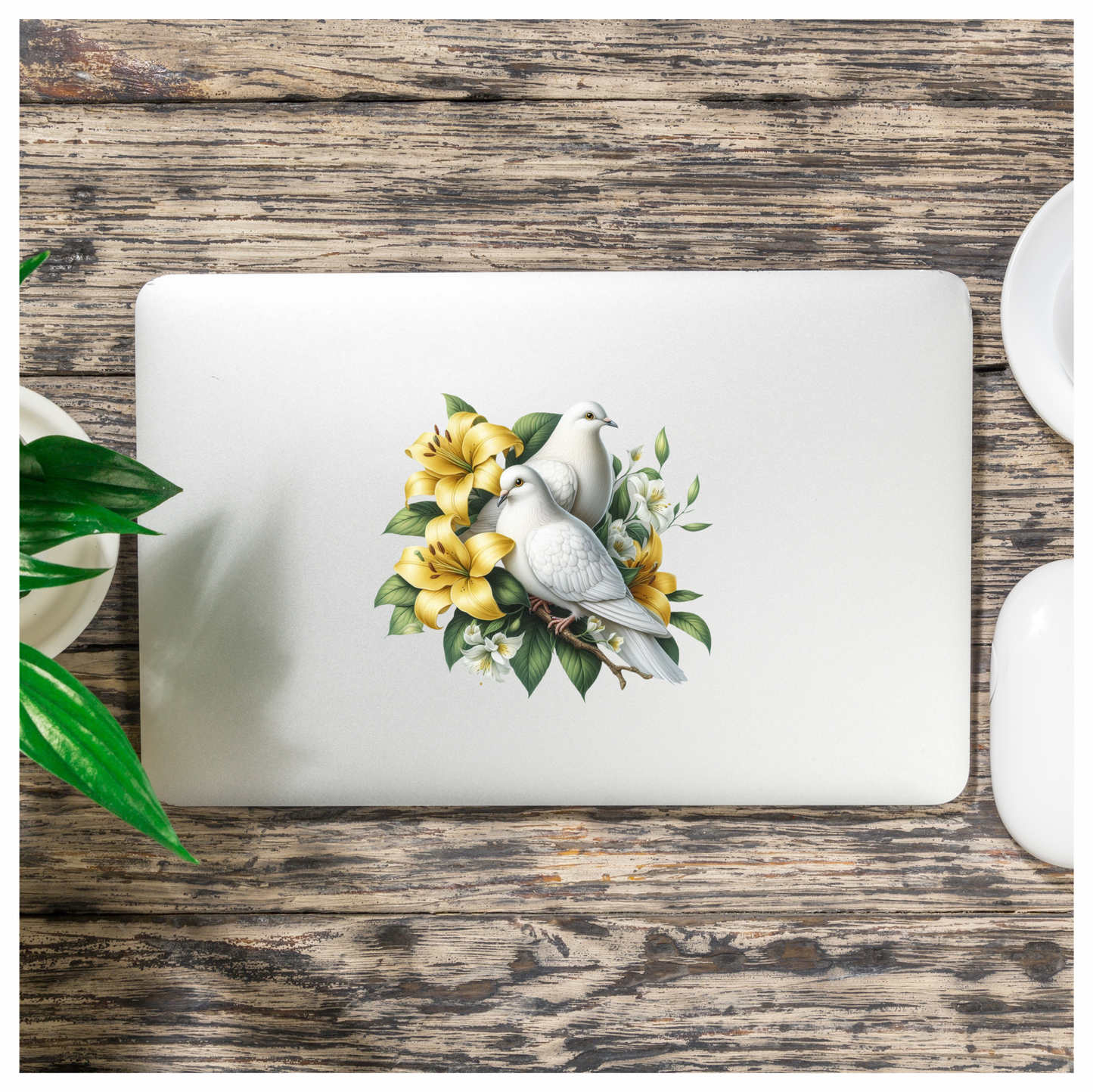White Doves Yellow Lilies Green Leaves Vinyl Sticker Decal