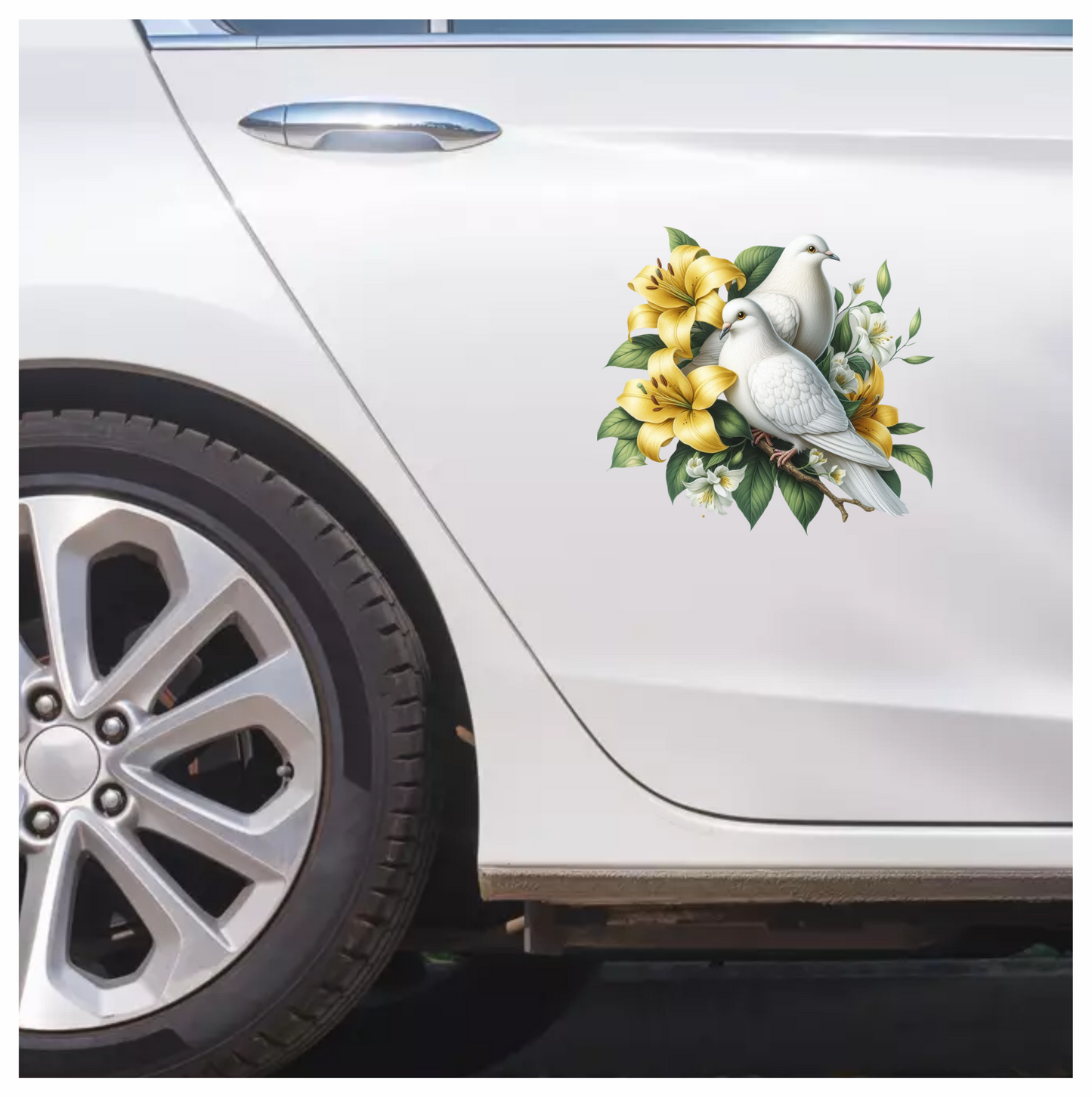 White Doves Yellow Lilies Green Leaves Vinyl Sticker Decal