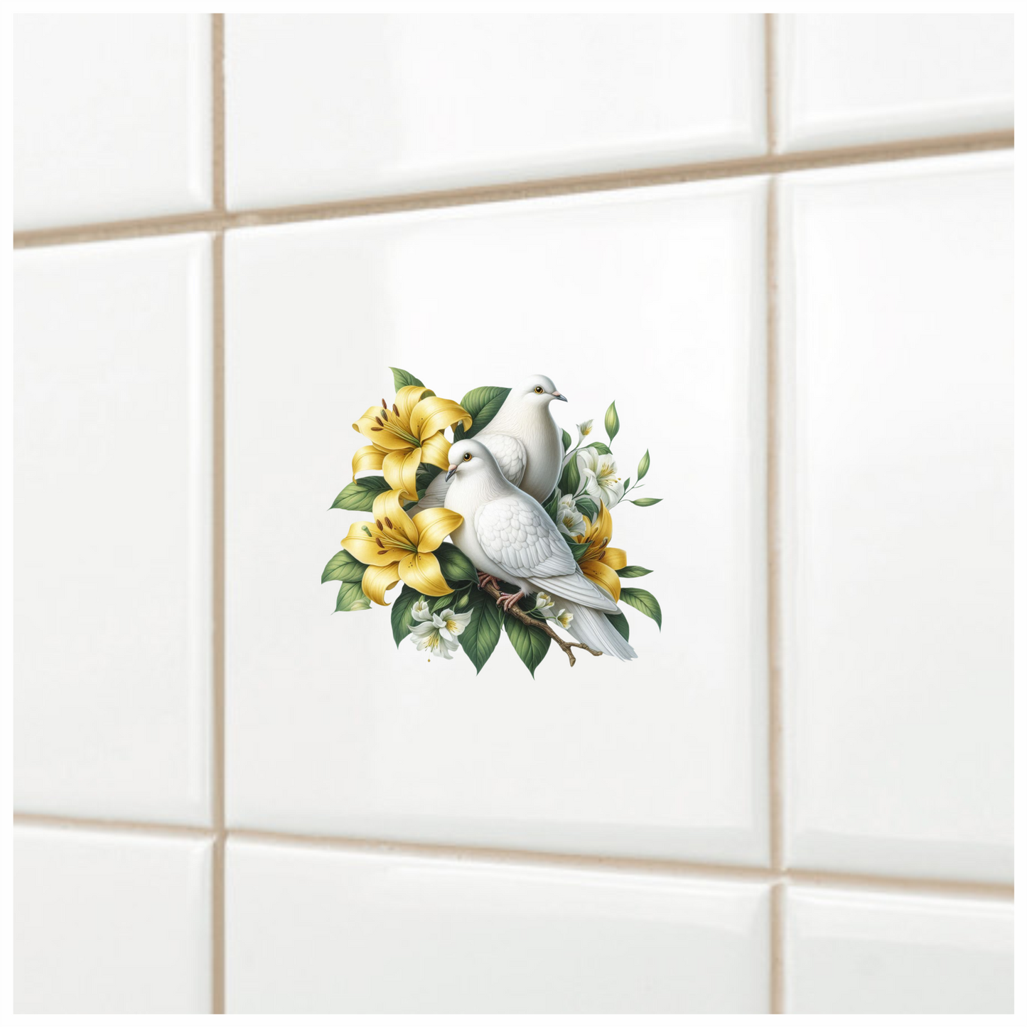 White Doves Yellow Lilies Green Leaves Vinyl Sticker Decal