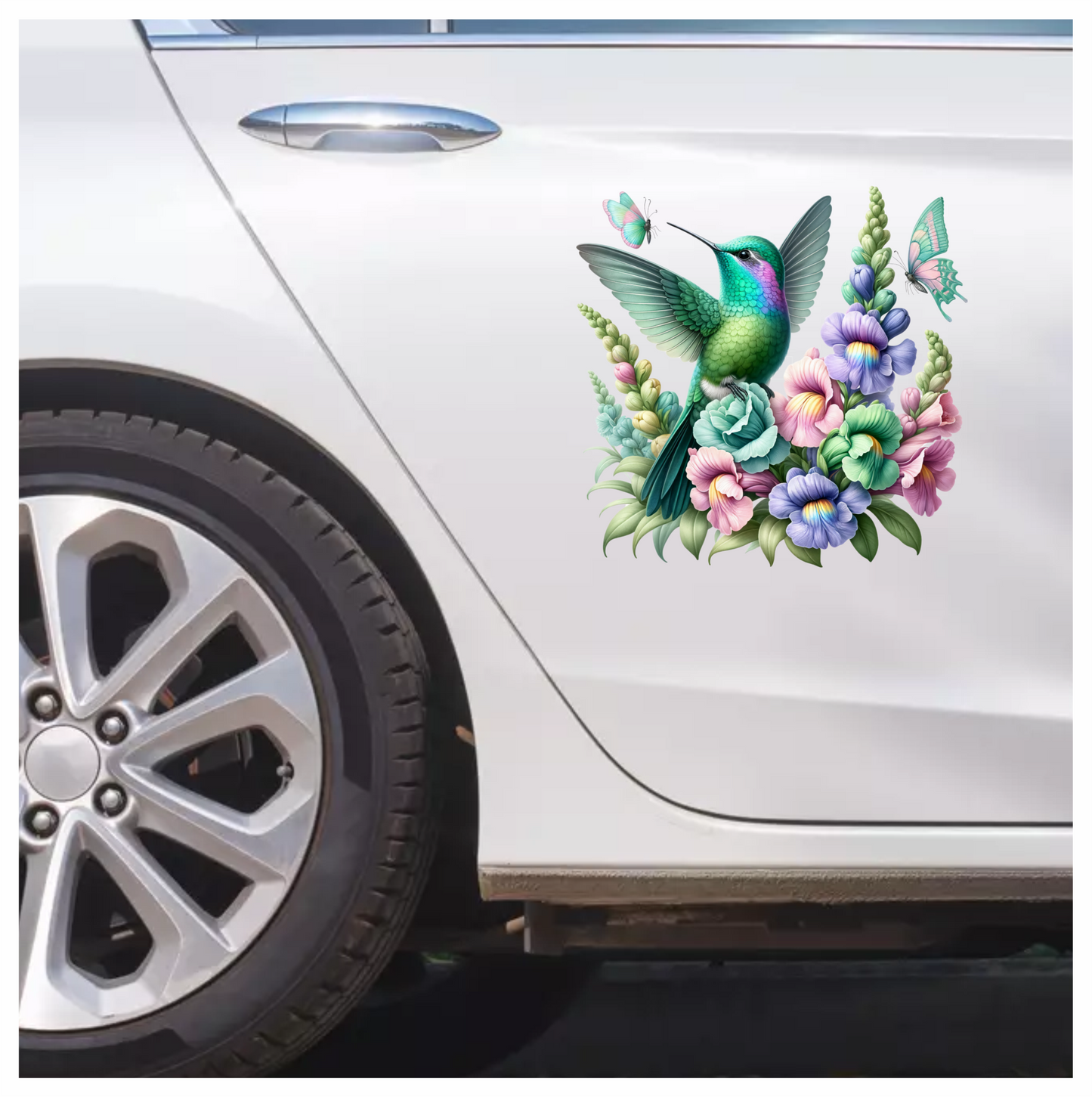Green Hummingbird Bird With Colorful Flowers Vinyl Sticker Decal