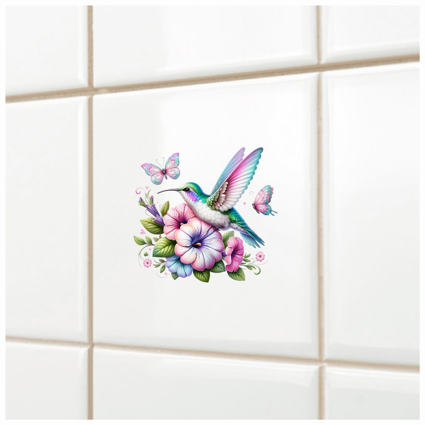 Hummingbird Pink Butterfly Blue Flowers Vinyl Sticker Decal