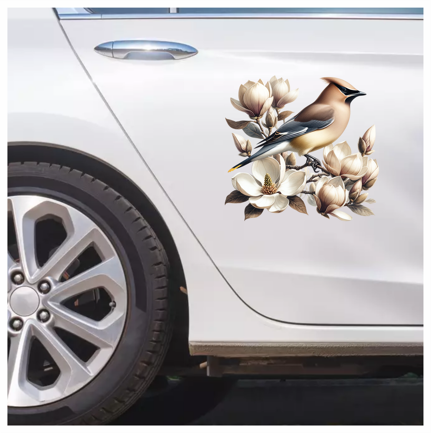 Brown Bird Magnolia Flowers Branch Vinyl Sticker Decal