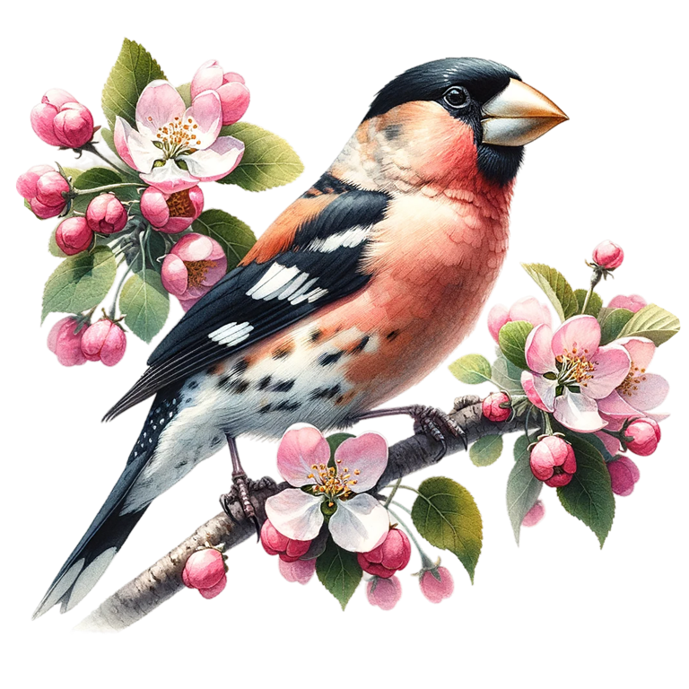 Orange Bullfinch Bird With Pink Flowers Vinyl Sticker Decal