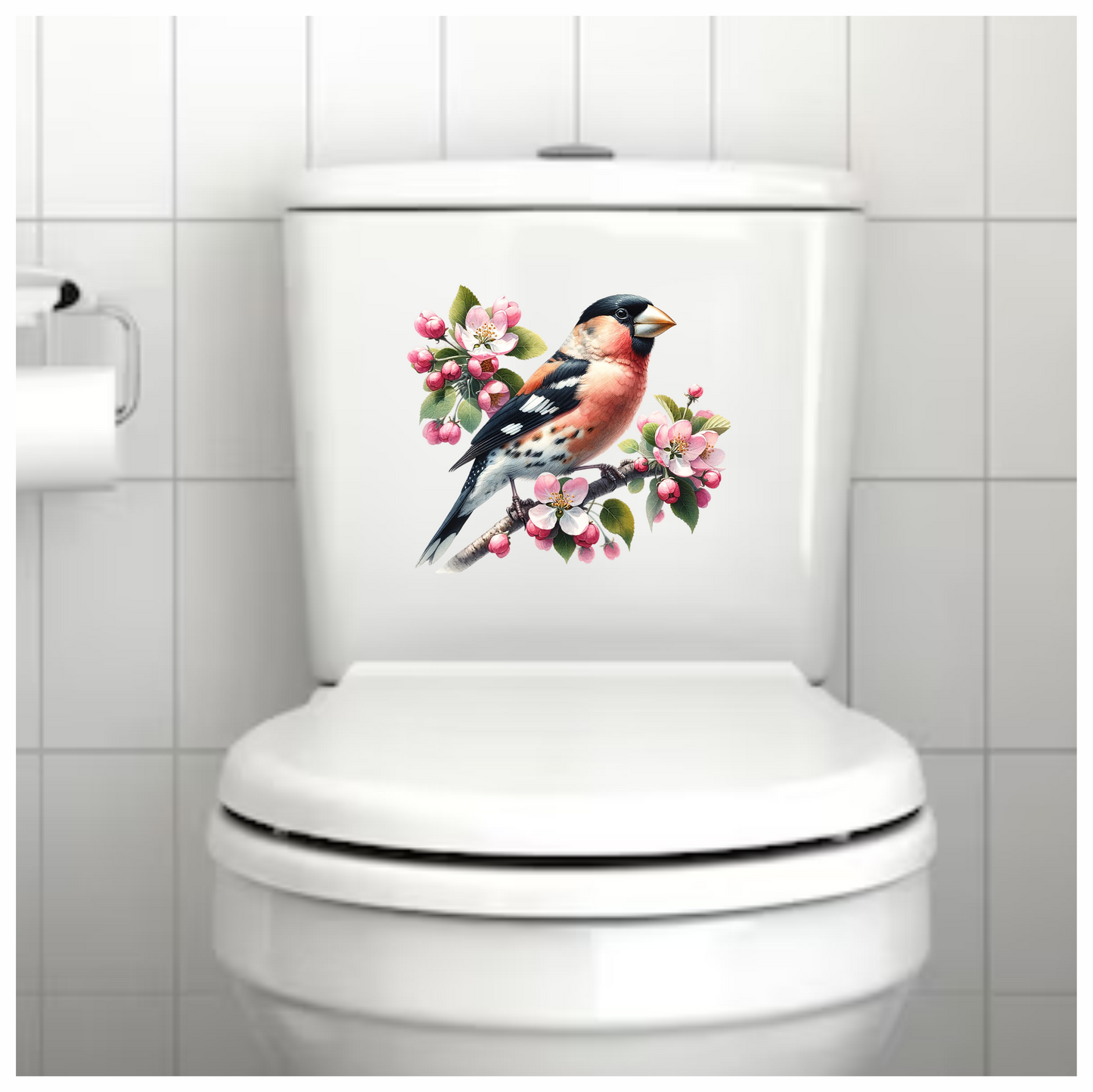 Orange Bullfinch Bird With Pink Flowers Vinyl Sticker Decal