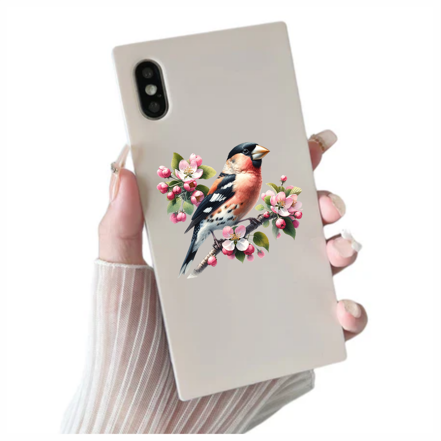 Orange Bullfinch Bird With Pink Flowers Vinyl Sticker Decal