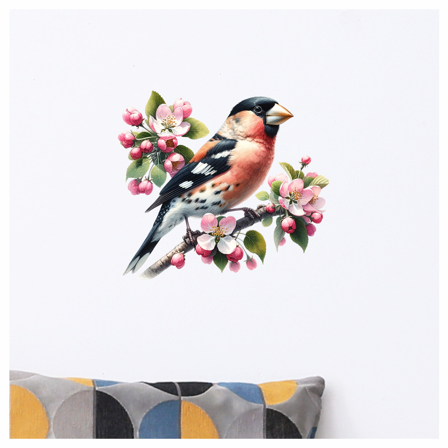 Orange Bullfinch Bird With Pink Flowers Vinyl Sticker Decal