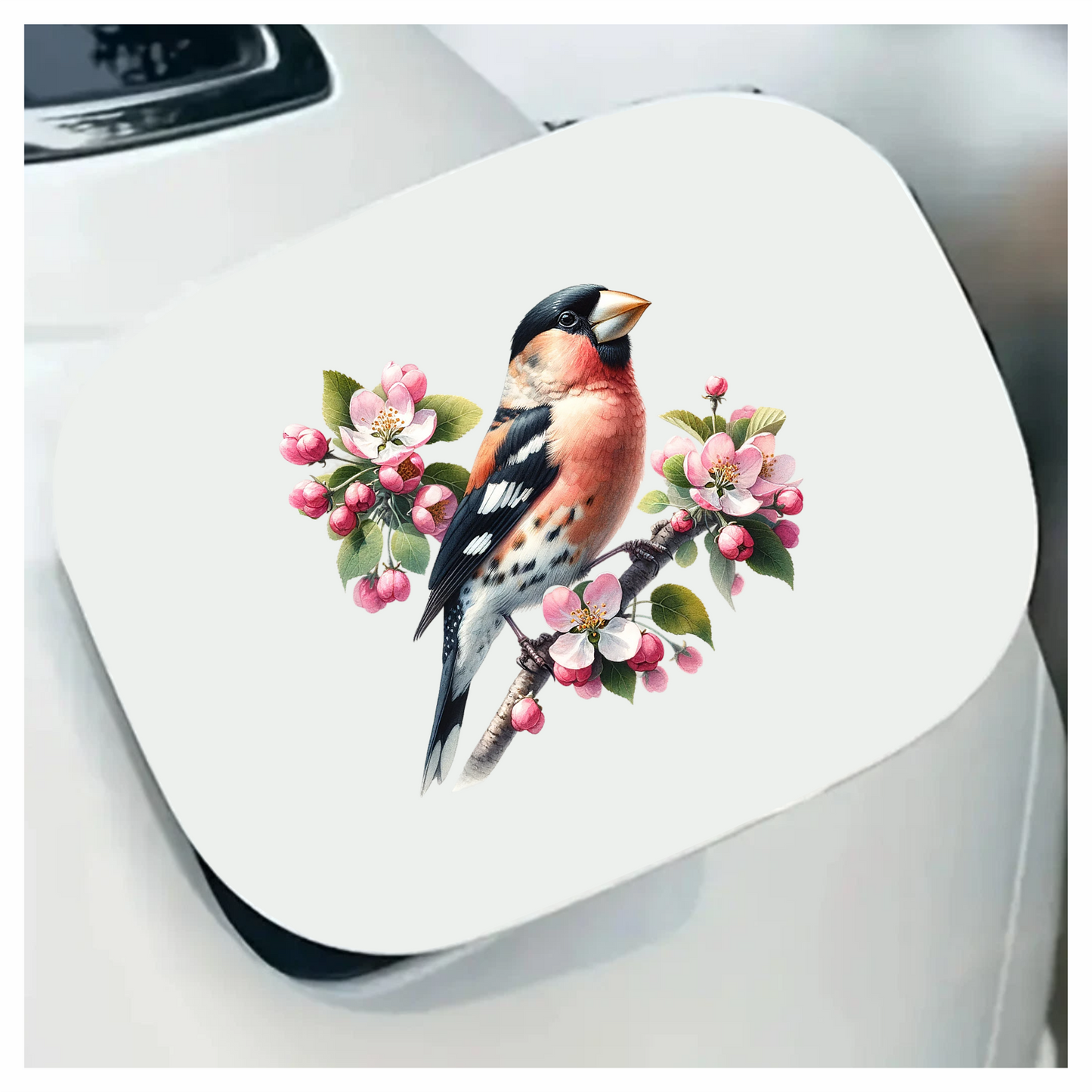 Orange Bullfinch Bird With Pink Flowers Vinyl Sticker Decal