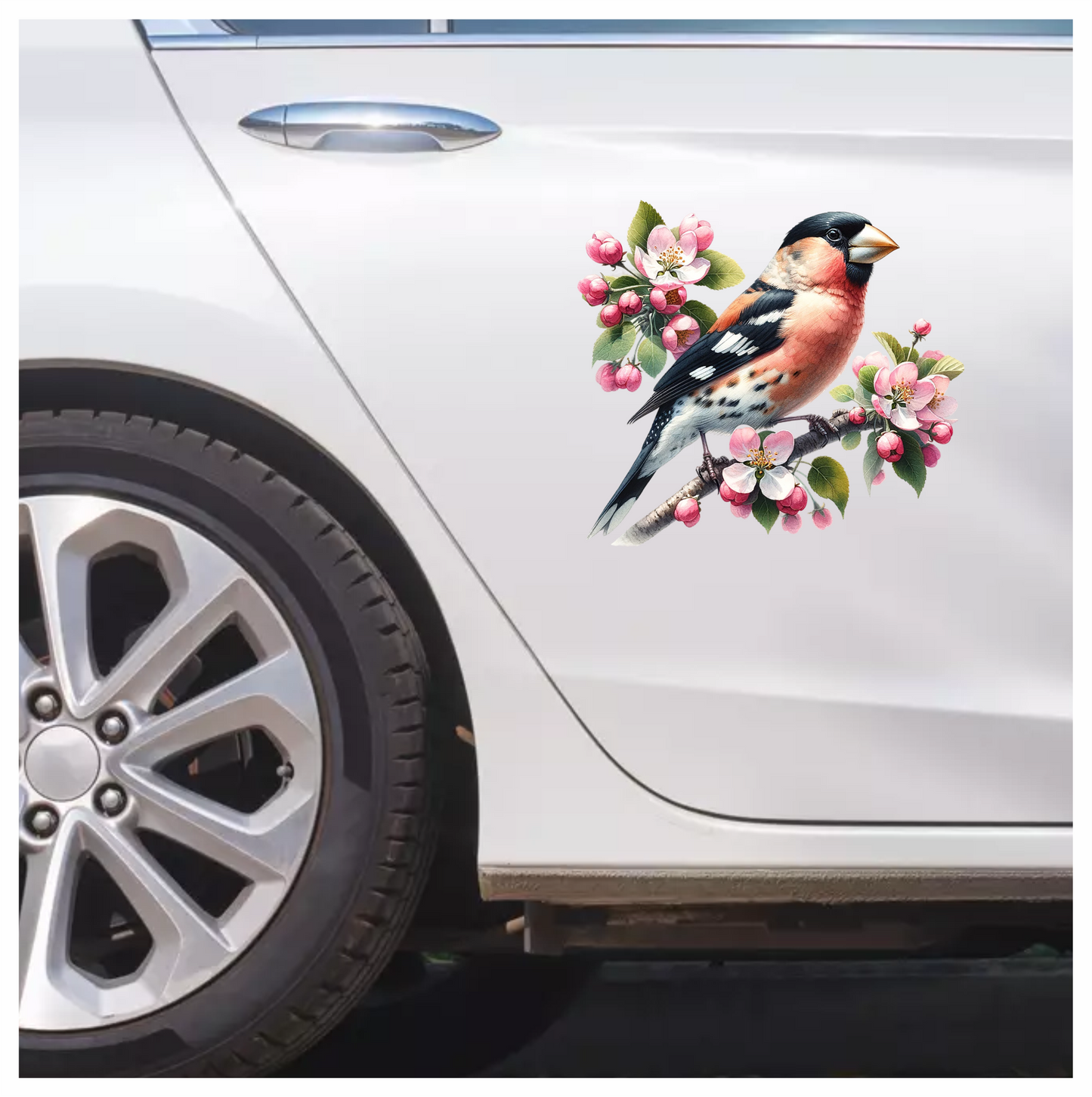 Orange Bullfinch Bird With Pink Flowers Vinyl Sticker Decal