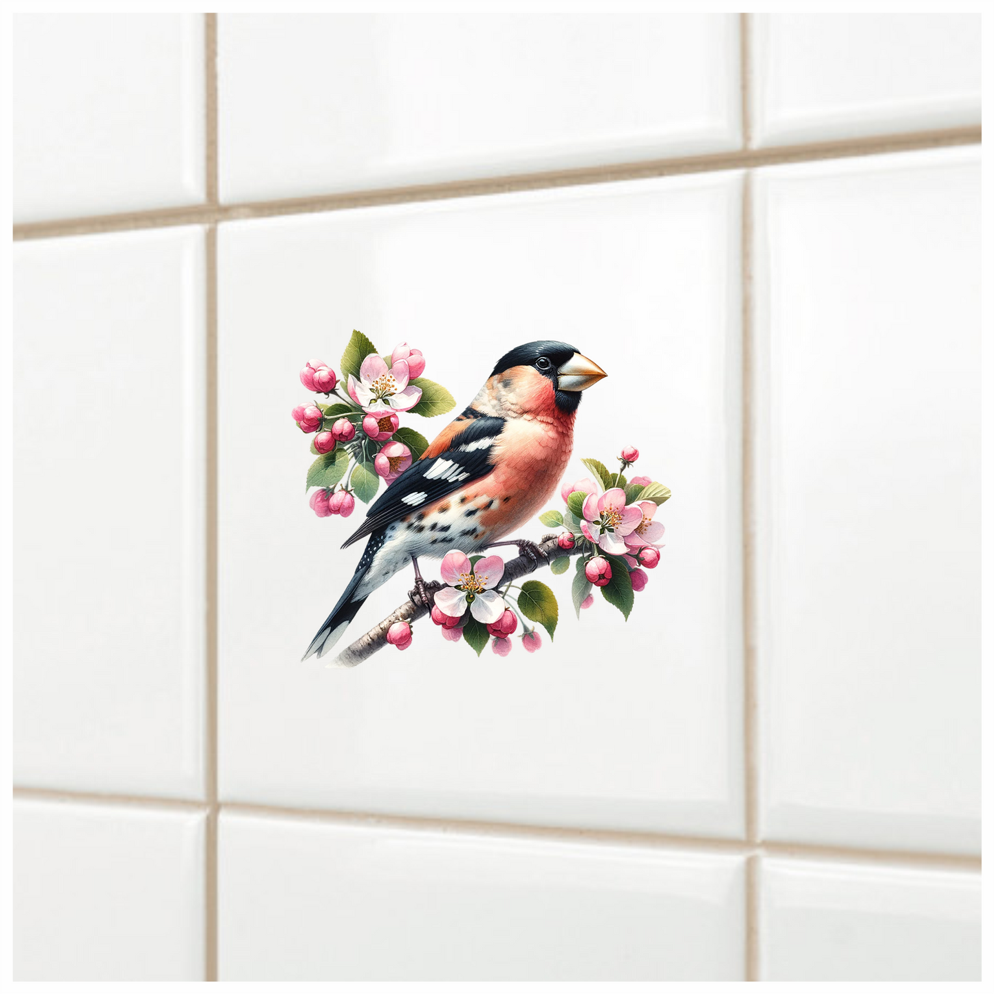Orange Bullfinch Bird With Pink Flowers Vinyl Sticker Decal