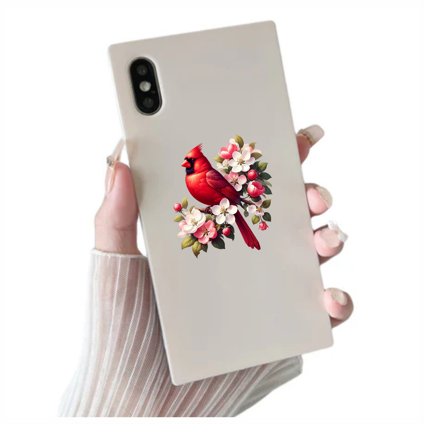 Red Cardinal Bird With Pink Flowers Vinyl Sticker Decal