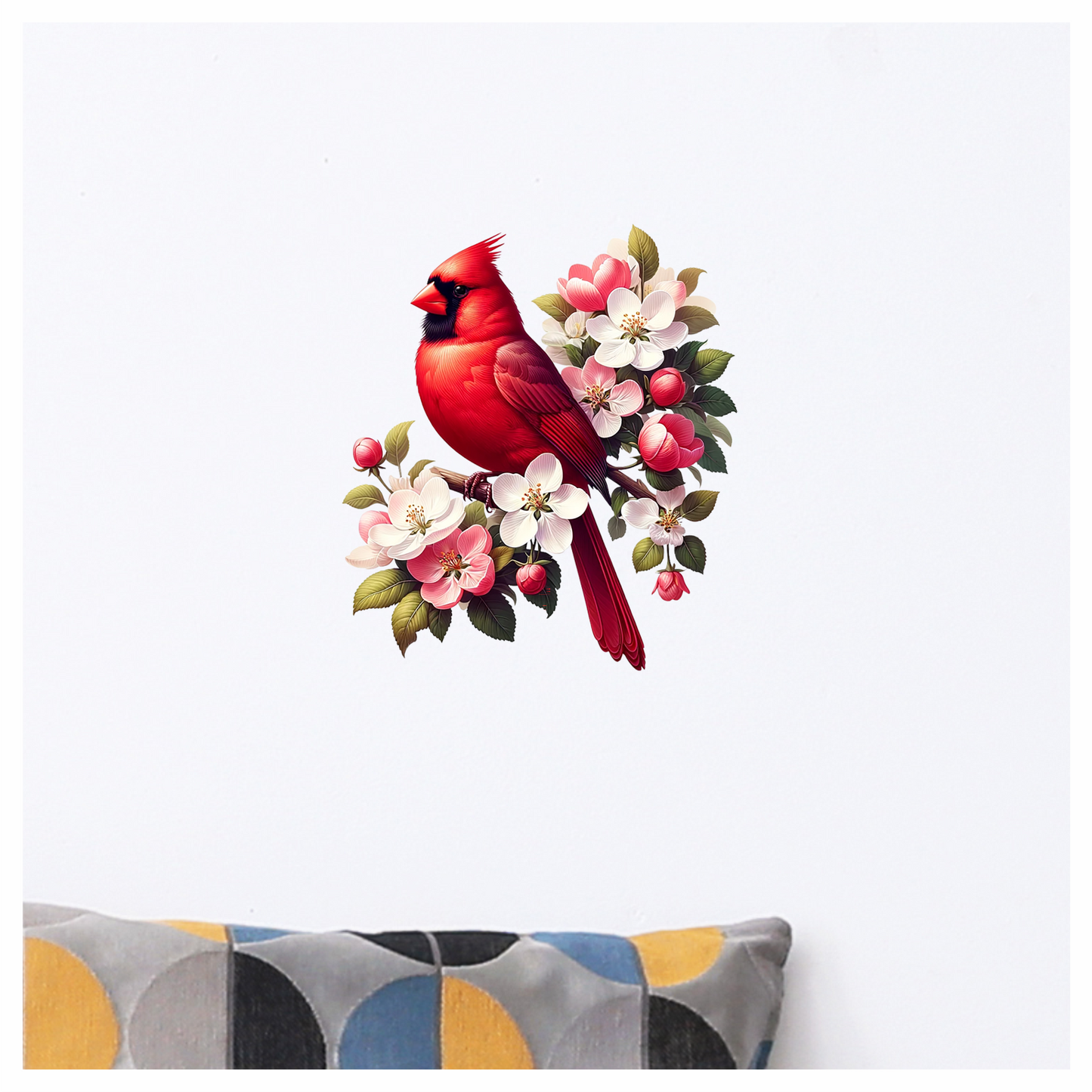 Red Cardinal Bird With Pink Flowers Vinyl Sticker Decal