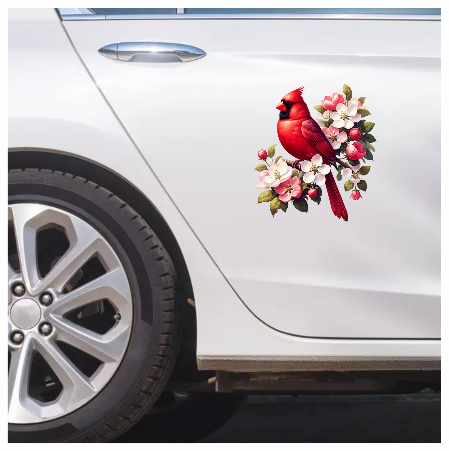 Red Cardinal Bird With Pink Flowers Vinyl Sticker Decal