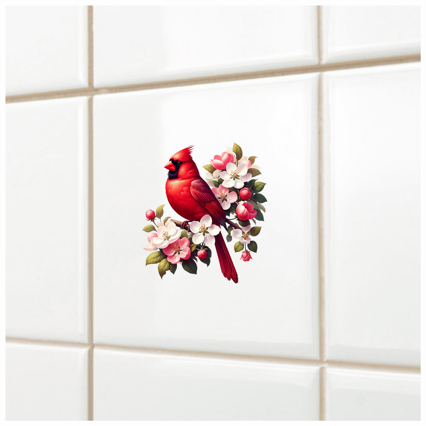Red Cardinal Bird With Pink Flowers Vinyl Sticker Decal