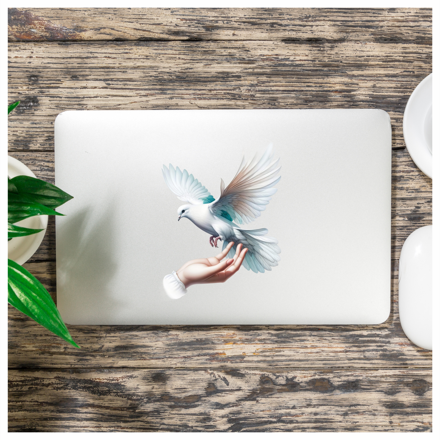 White Dove Bird On Human Hand Vinyl Sticker Decal