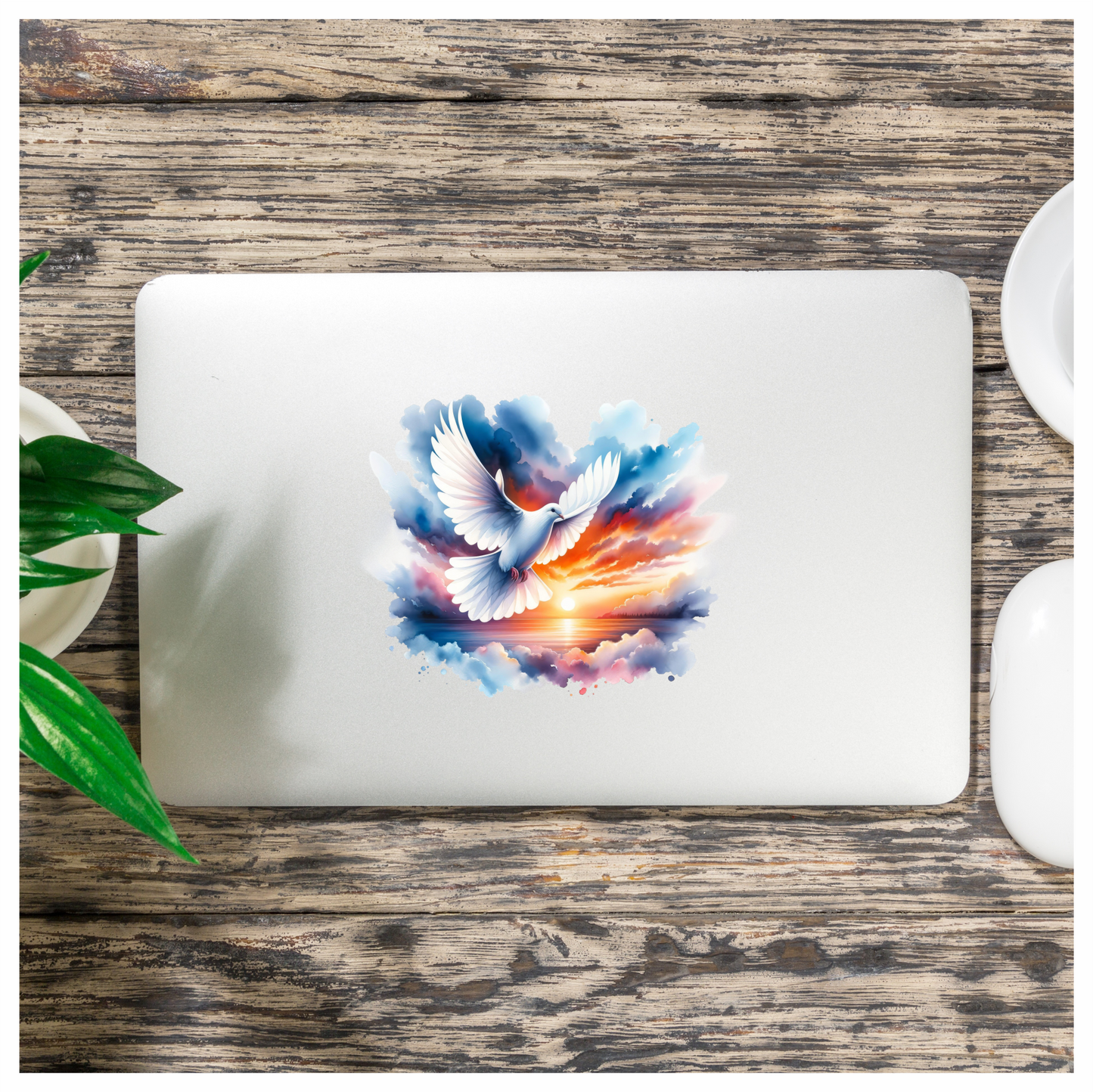 White Dove Bird Over Sunset Sky Vinyl Sticker Decal