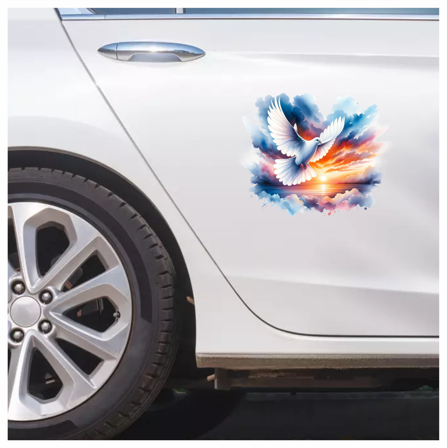 White Dove Bird Over Sunset Sky Vinyl Sticker Decal