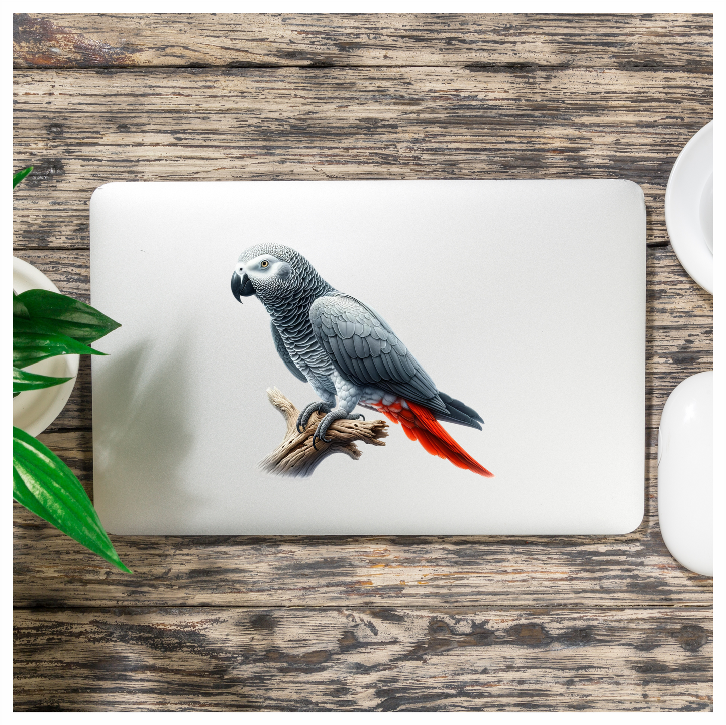 Grey Parrot Bird With Red Feathers Vinyl Sticker Decal