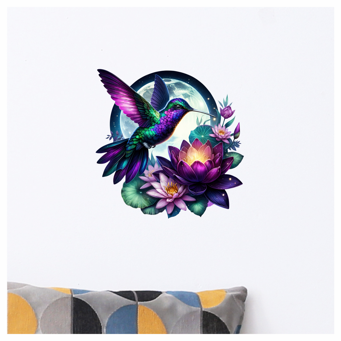 Purple Hummingbird Bird Flying Over Flowers Vinyl Sticker Decal