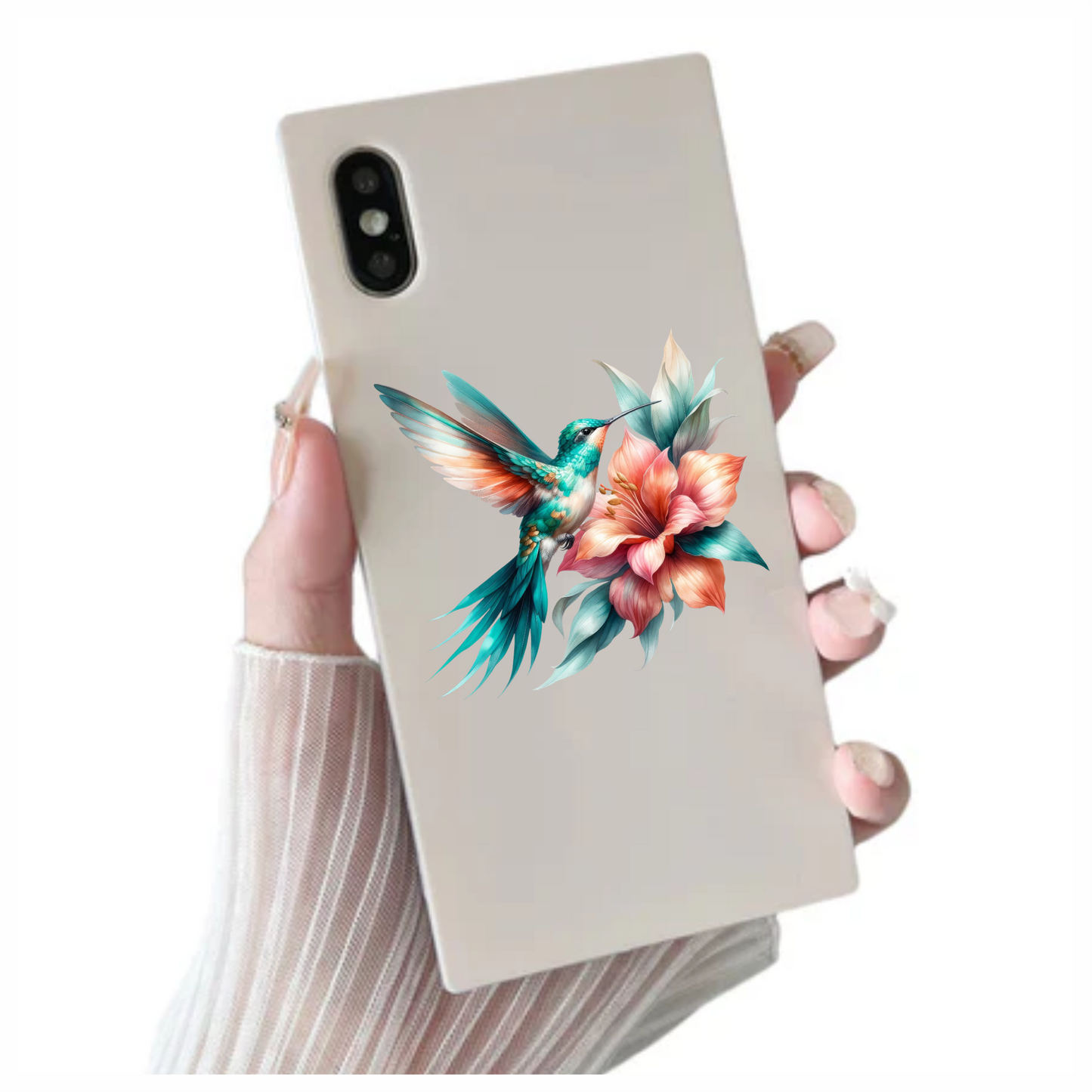 Teal Hummingbird Bird Flying Near Lily Vinyl Sticker Decal