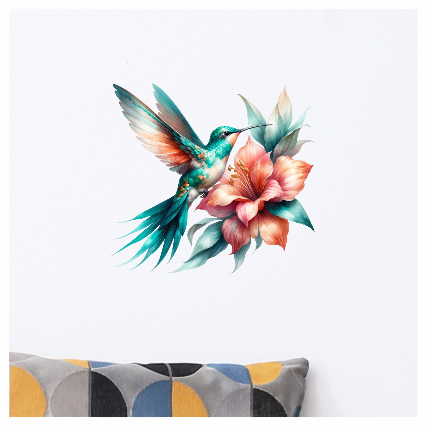 Teal Hummingbird Bird Flying Near Lily Vinyl Sticker Decal