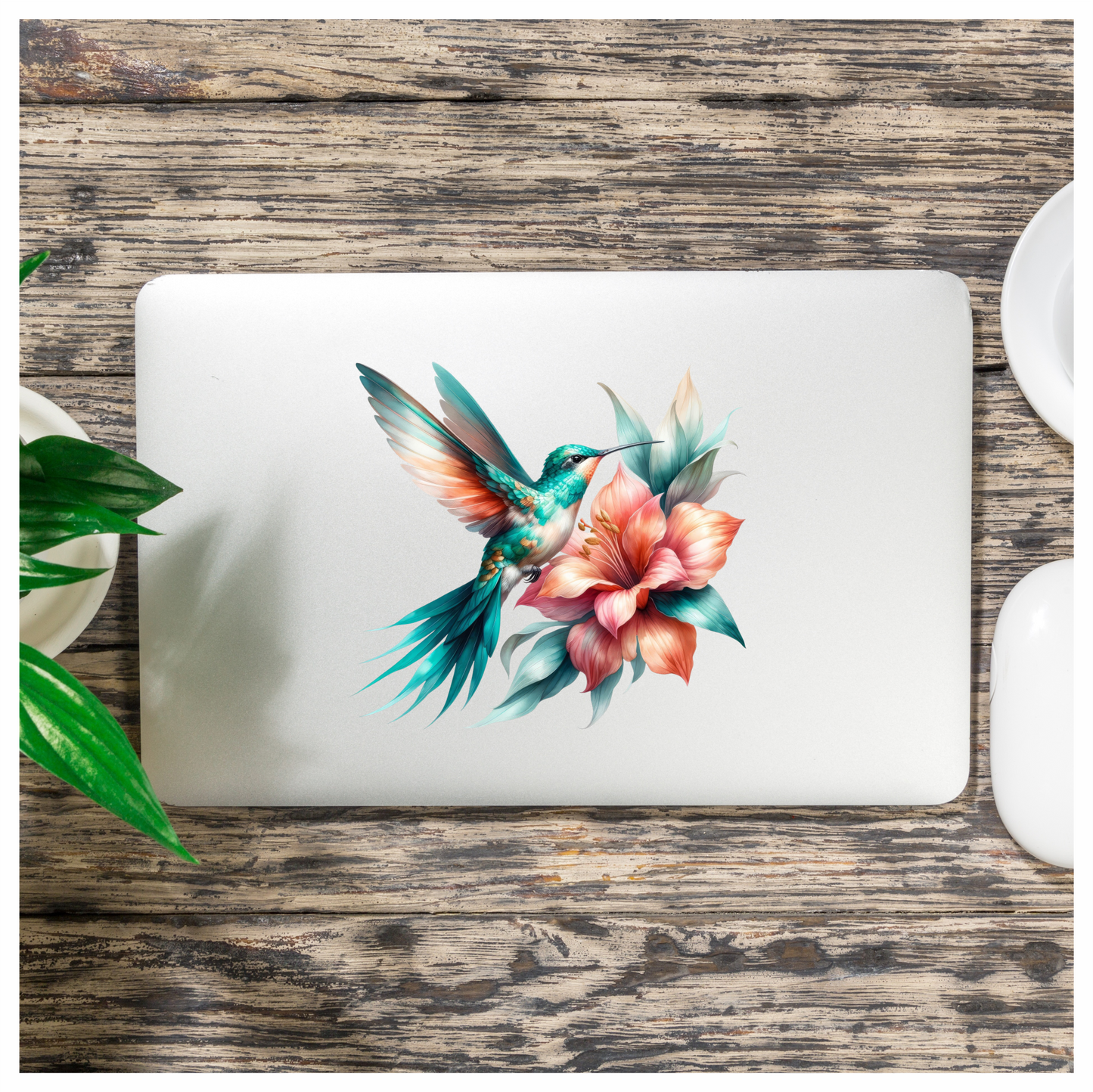 Teal Hummingbird Bird Flying Near Lily Vinyl Sticker Decal