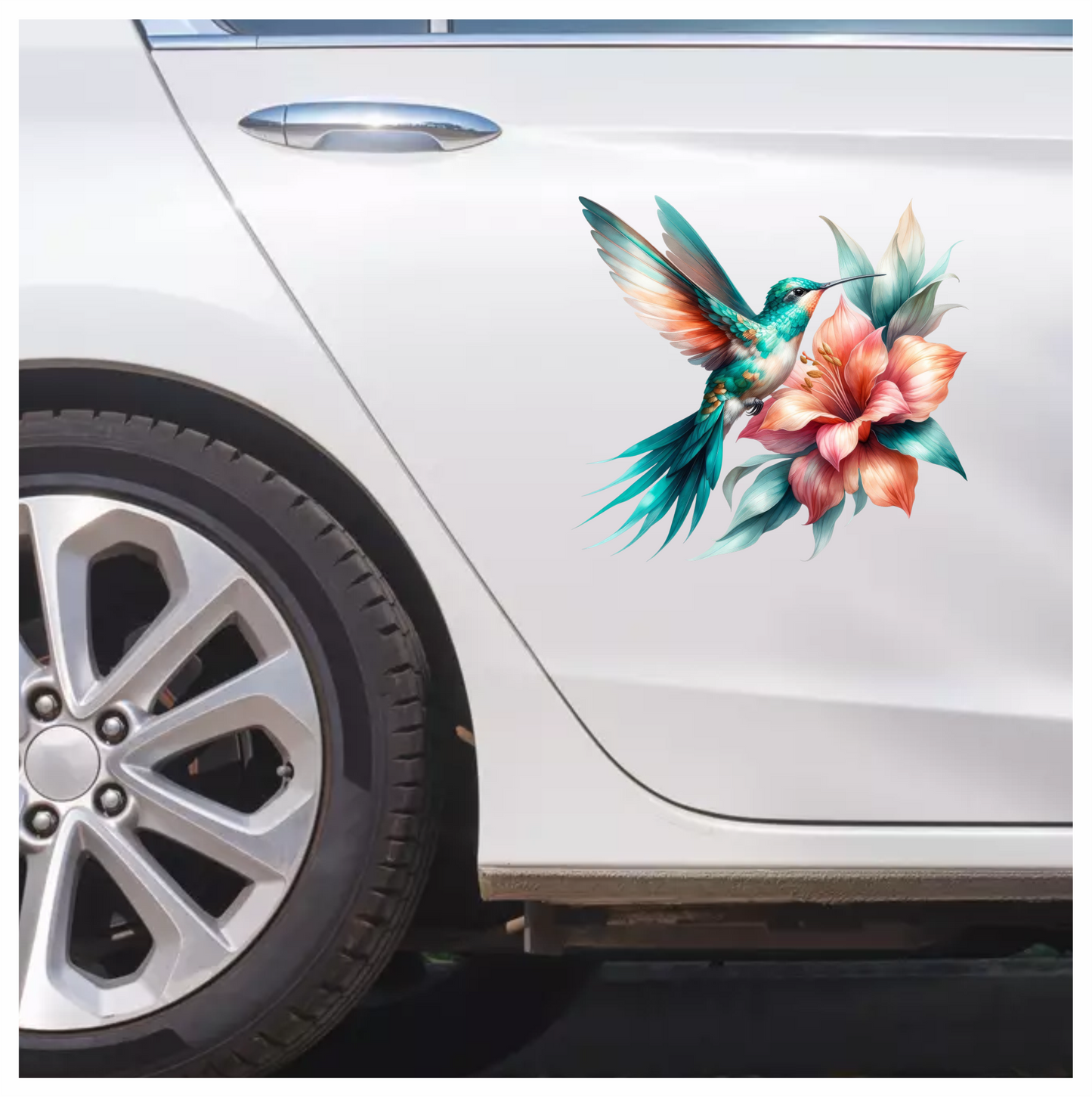 Teal Hummingbird Bird Flying Near Lily Vinyl Sticker Decal
