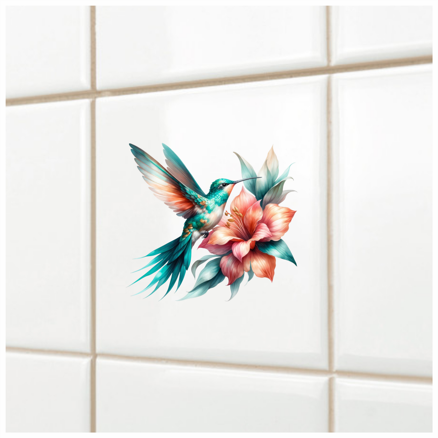 Teal Hummingbird Bird Flying Near Lily Vinyl Sticker Decal